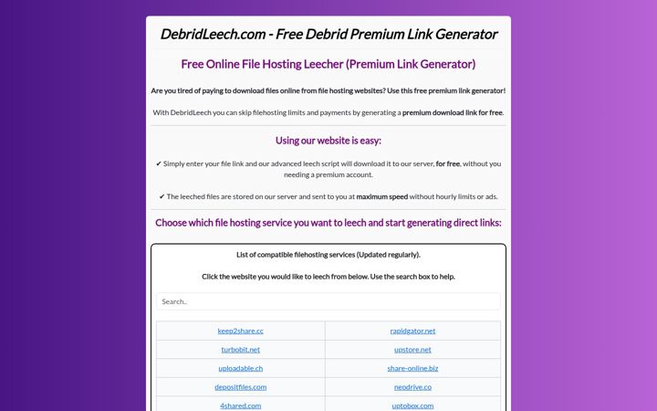 Screenshot of debridleech.com