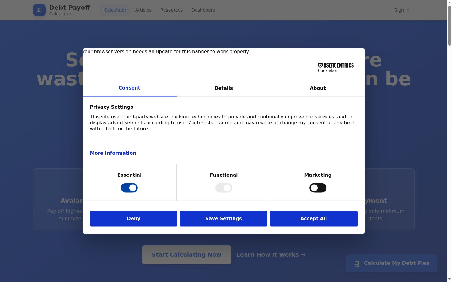 Screenshot del banner di consenso mostrato prima di qualsiasi interazione