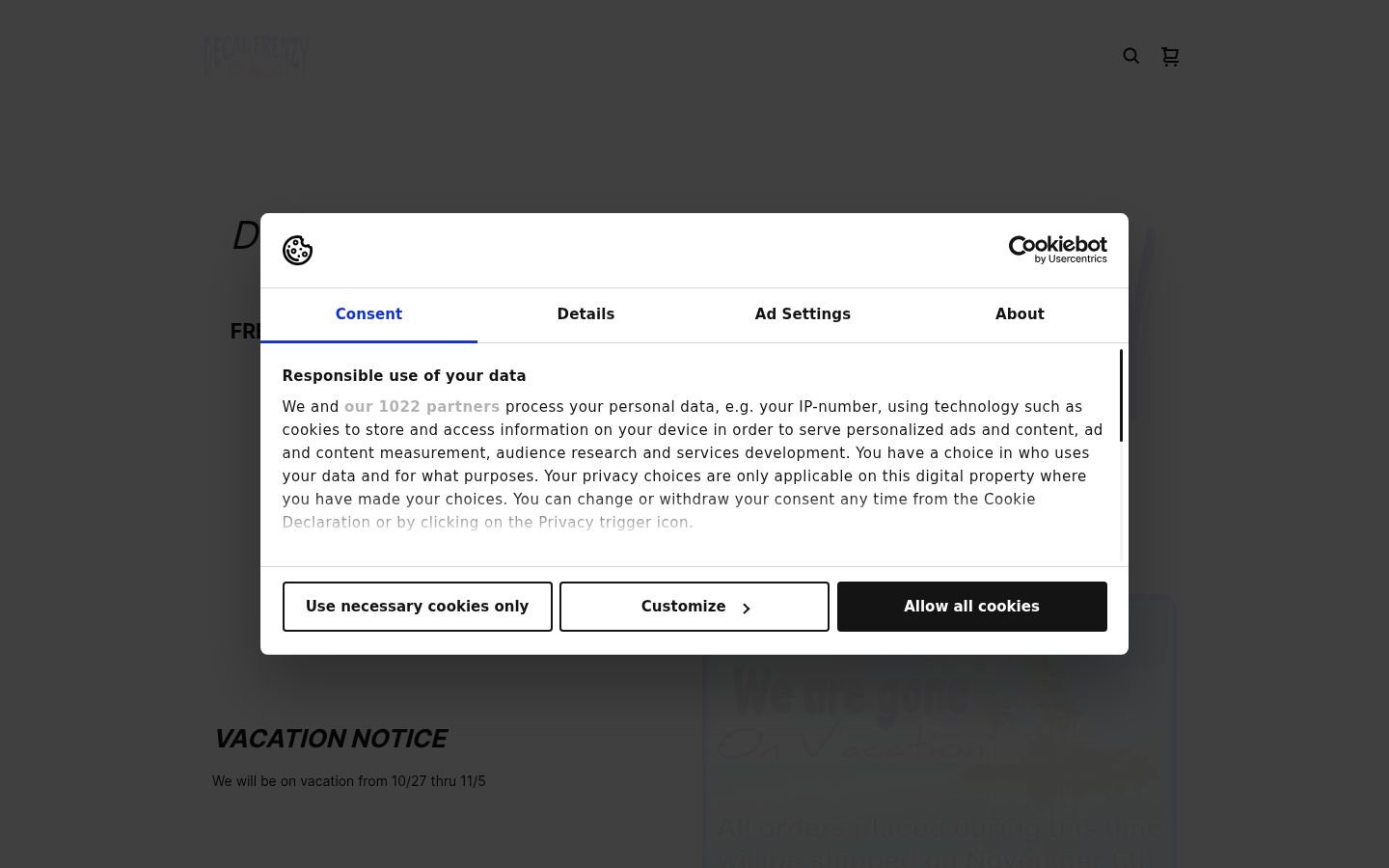Screenshot του banner συγκατάθεσης που εμφανίστηκε πριν από οποιαδήποτε αλληλεπίδραση