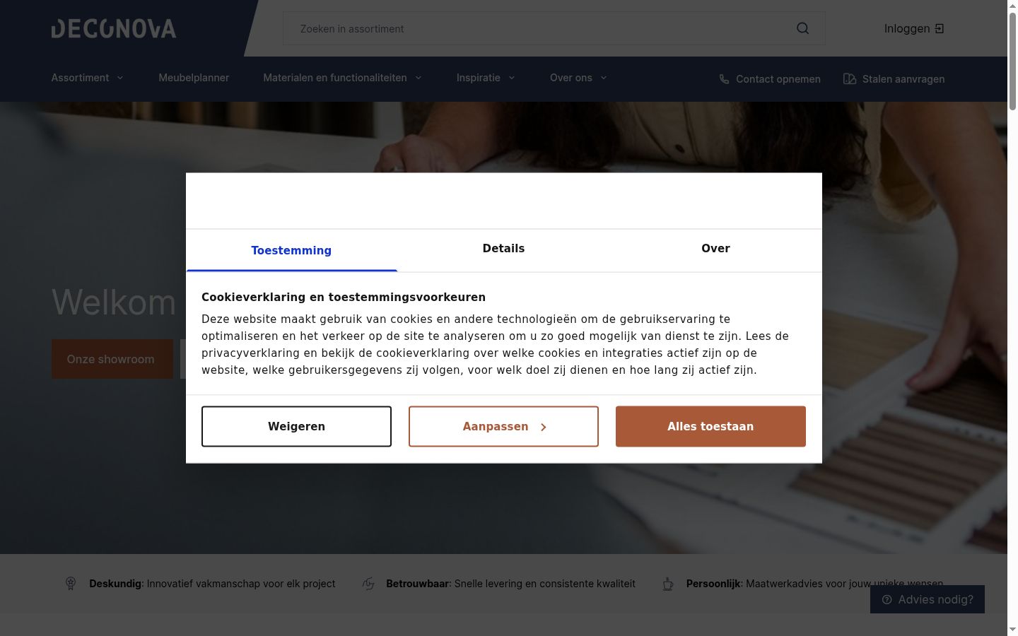 Skærmbillede af samtykkebanneret, som det blev vist før nogen interaktion