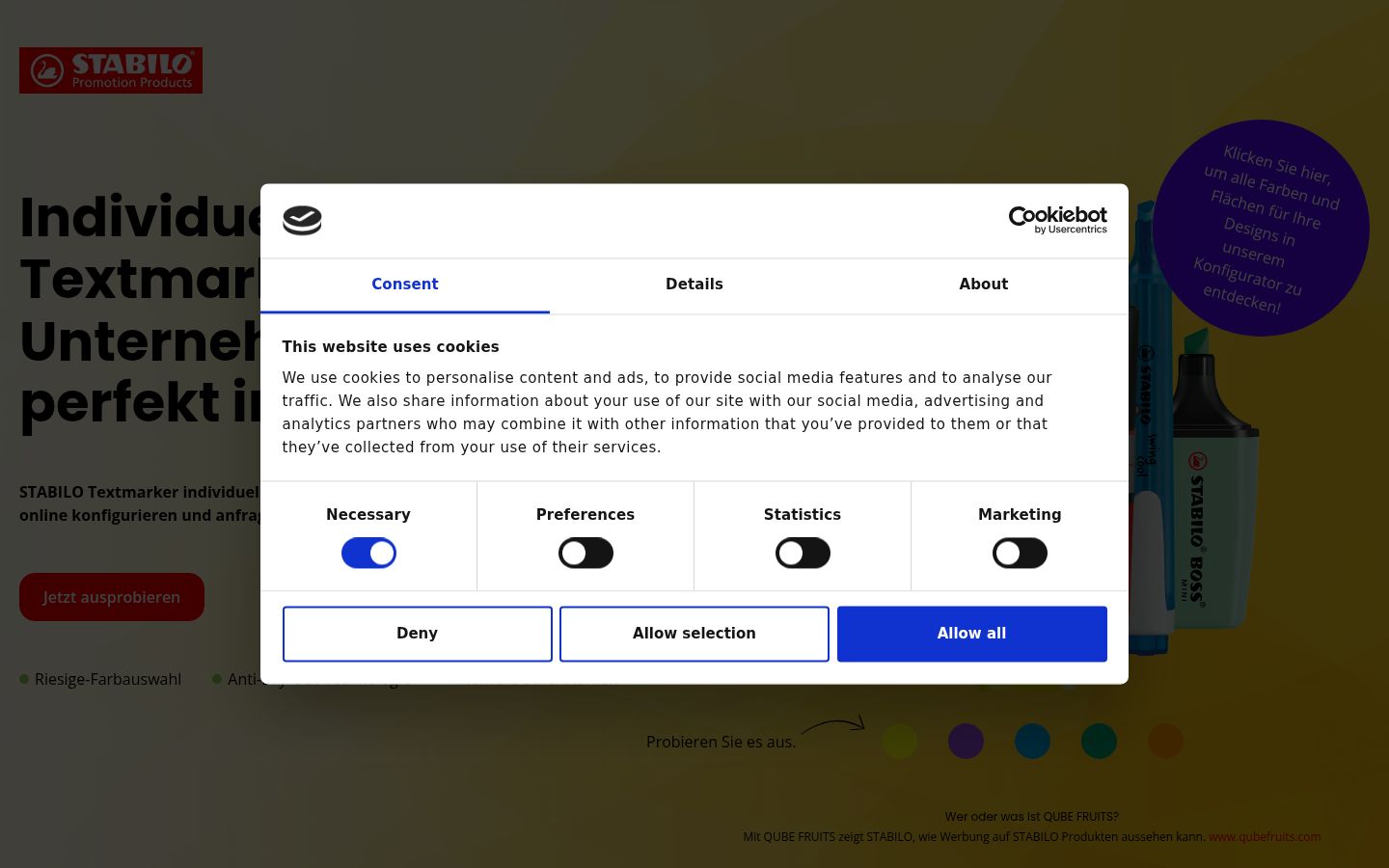 Screenshot del banner di consenso mostrato prima di qualsiasi interazione