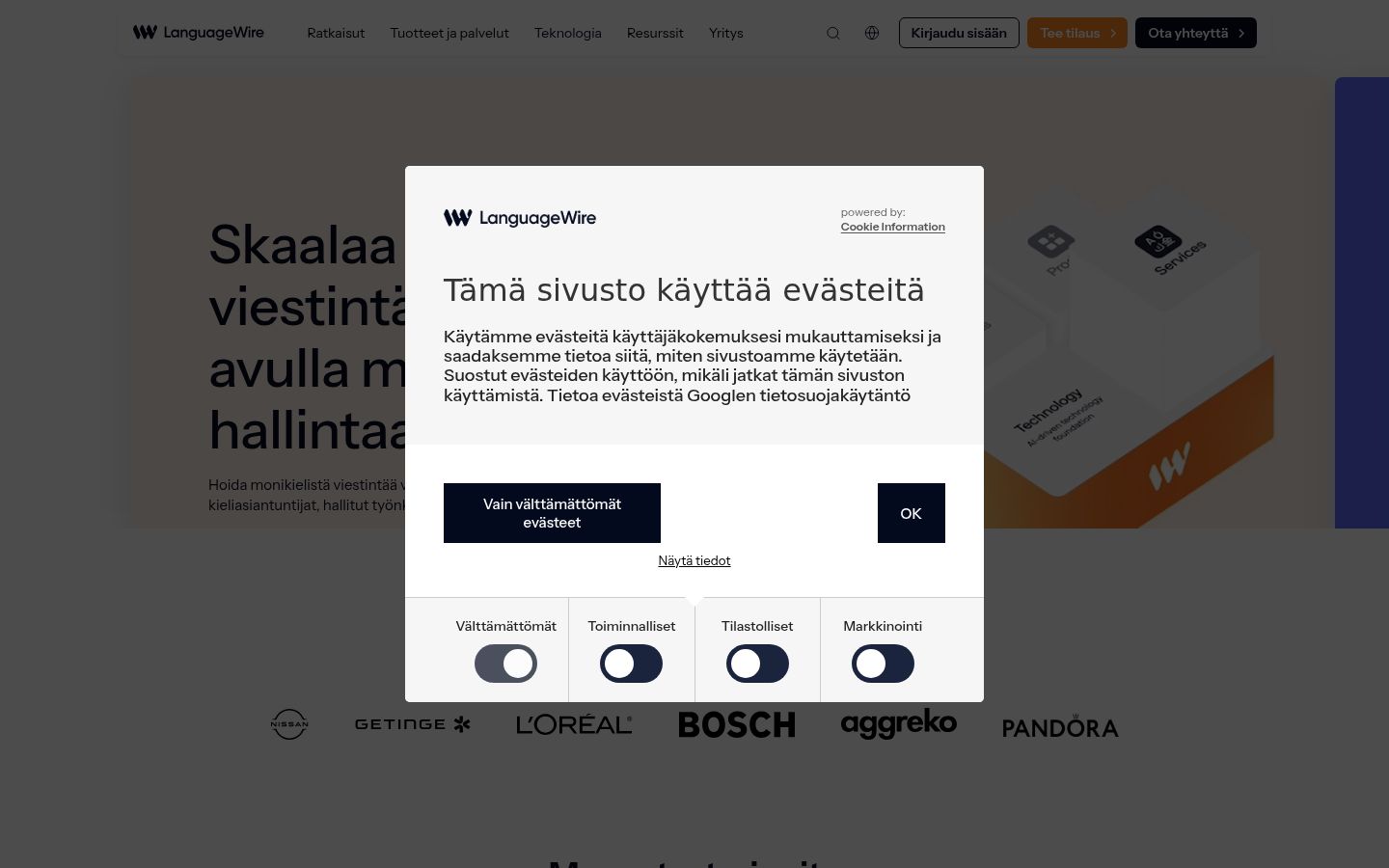 Skærmbillede af samtykkebanneret, som det blev vist før nogen interaktion