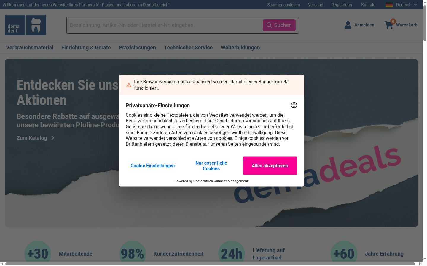 Screenshot des Einwilligungsbanners vor jeglicher Interaktion