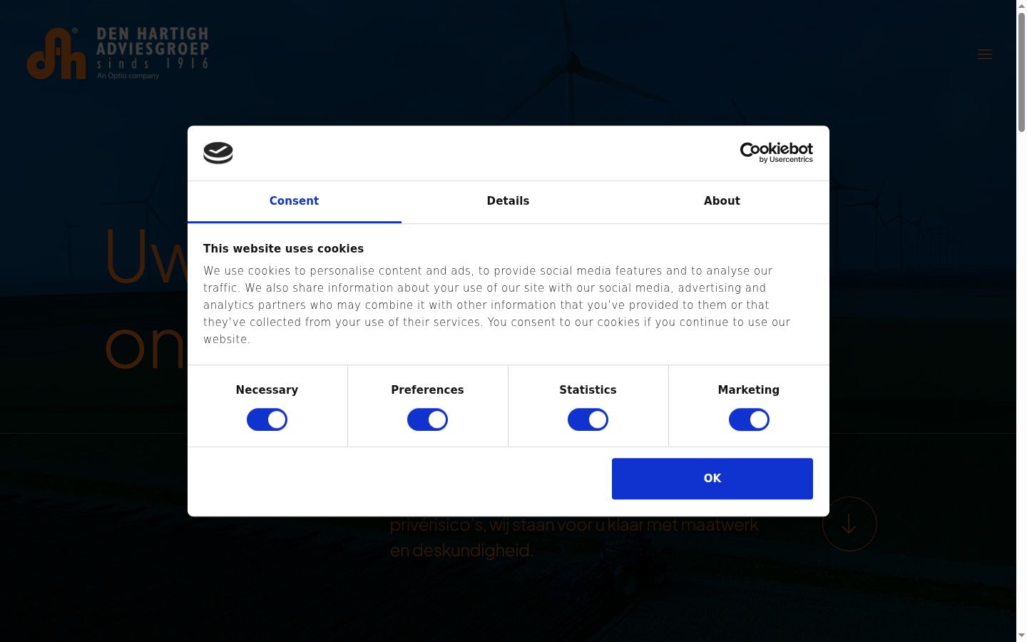 Screenshot del banner di consenso mostrato prima di qualsiasi interazione