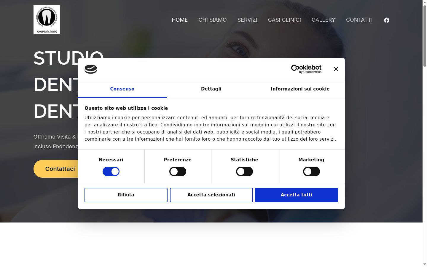 Screenshot del banner di consenso mostrato prima di qualsiasi interazione