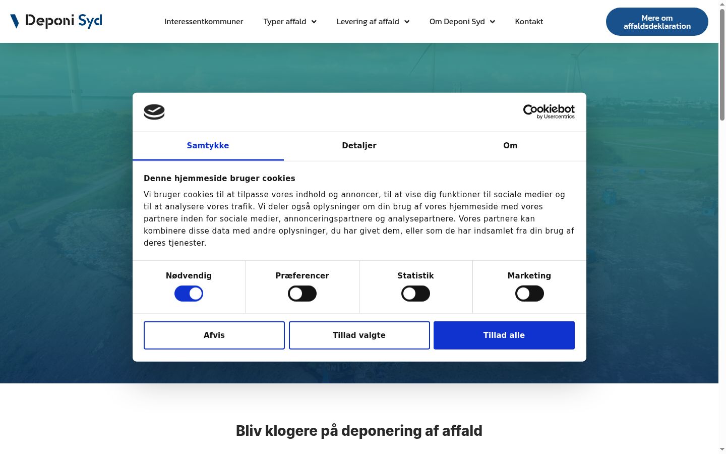 Skærmbillede af samtykkebanneret, som det blev vist før nogen interaktion