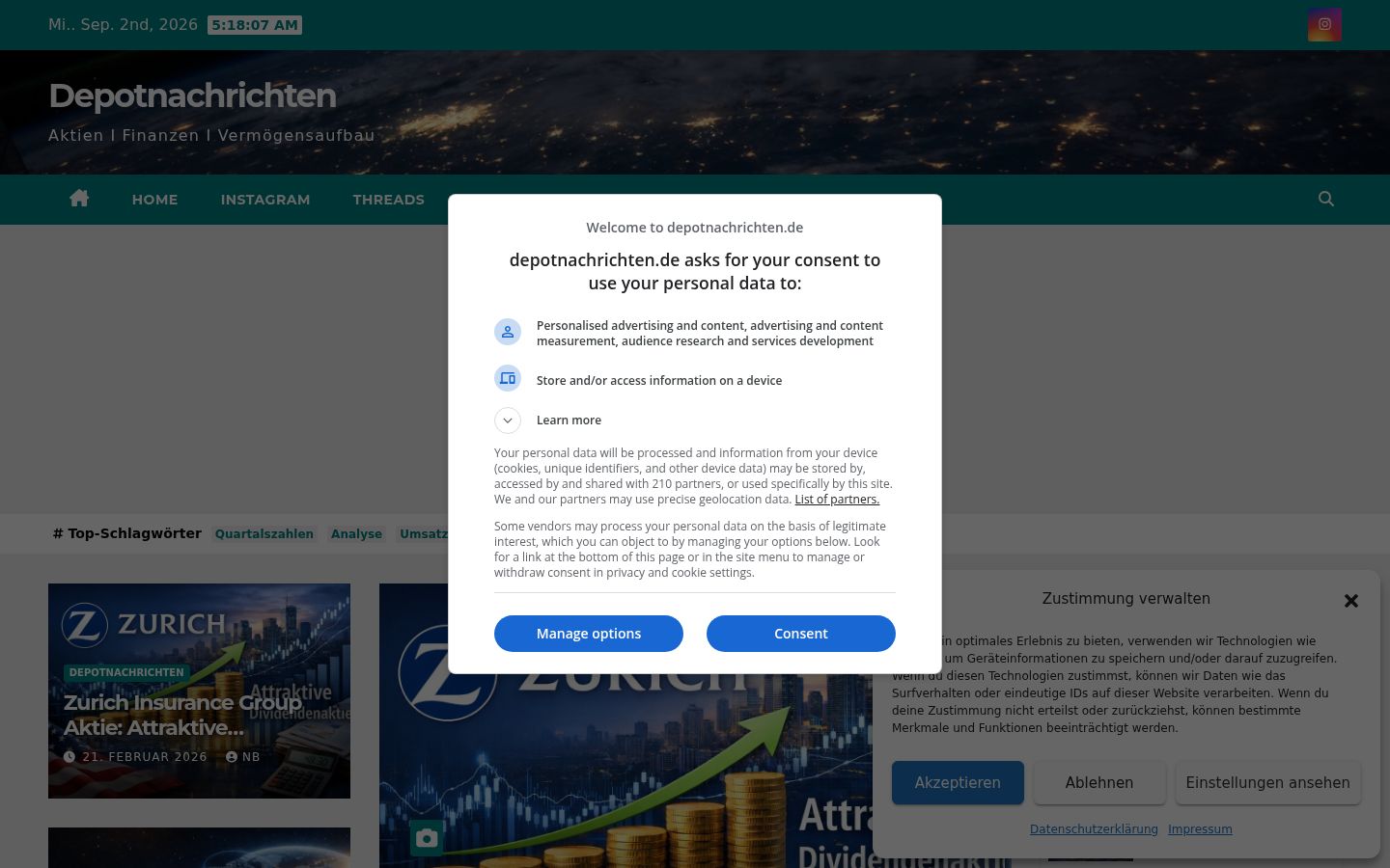 Screenshot des Einwilligungsbanners vor jeglicher Interaktion