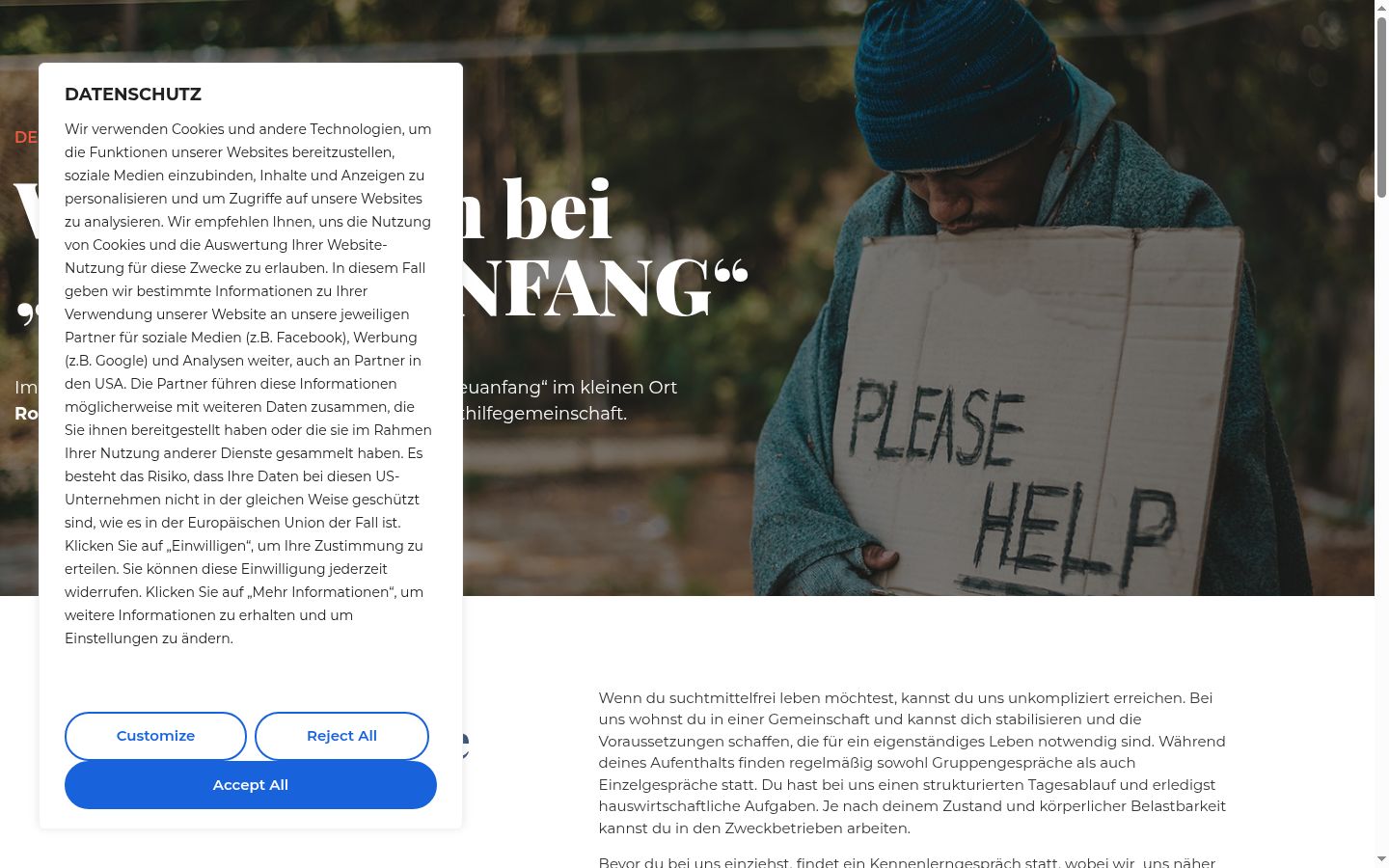 Screenshot des Einwilligungsbanners vor jeglicher Interaktion
