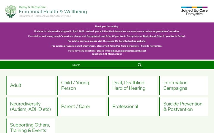 Screenshot of derbyandderbyshireemotionalhealthandwellbeing.uk