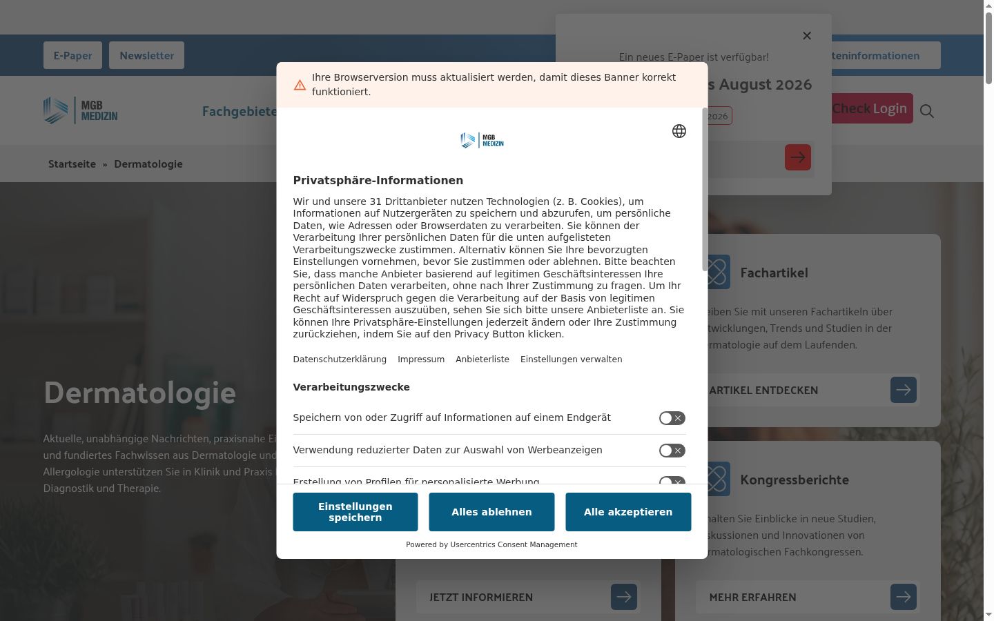 Képernyőkép a bármilyen interakció előtt megjelenő hozzájárulási bannerről