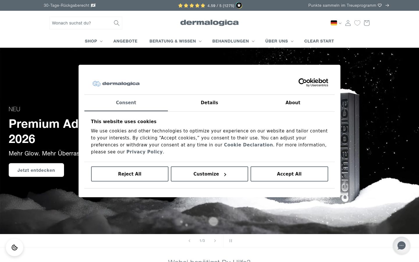 Screenshot des Einwilligungsbanners vor jeglicher Interaktion