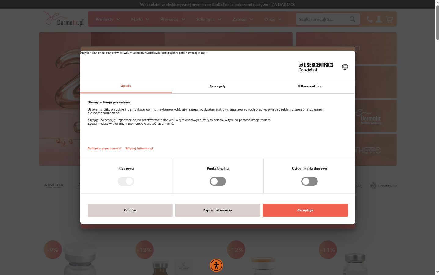 Sutikimo reklamjuostės, rodytos prieš bet kokią sąveiką, ekrano kopija