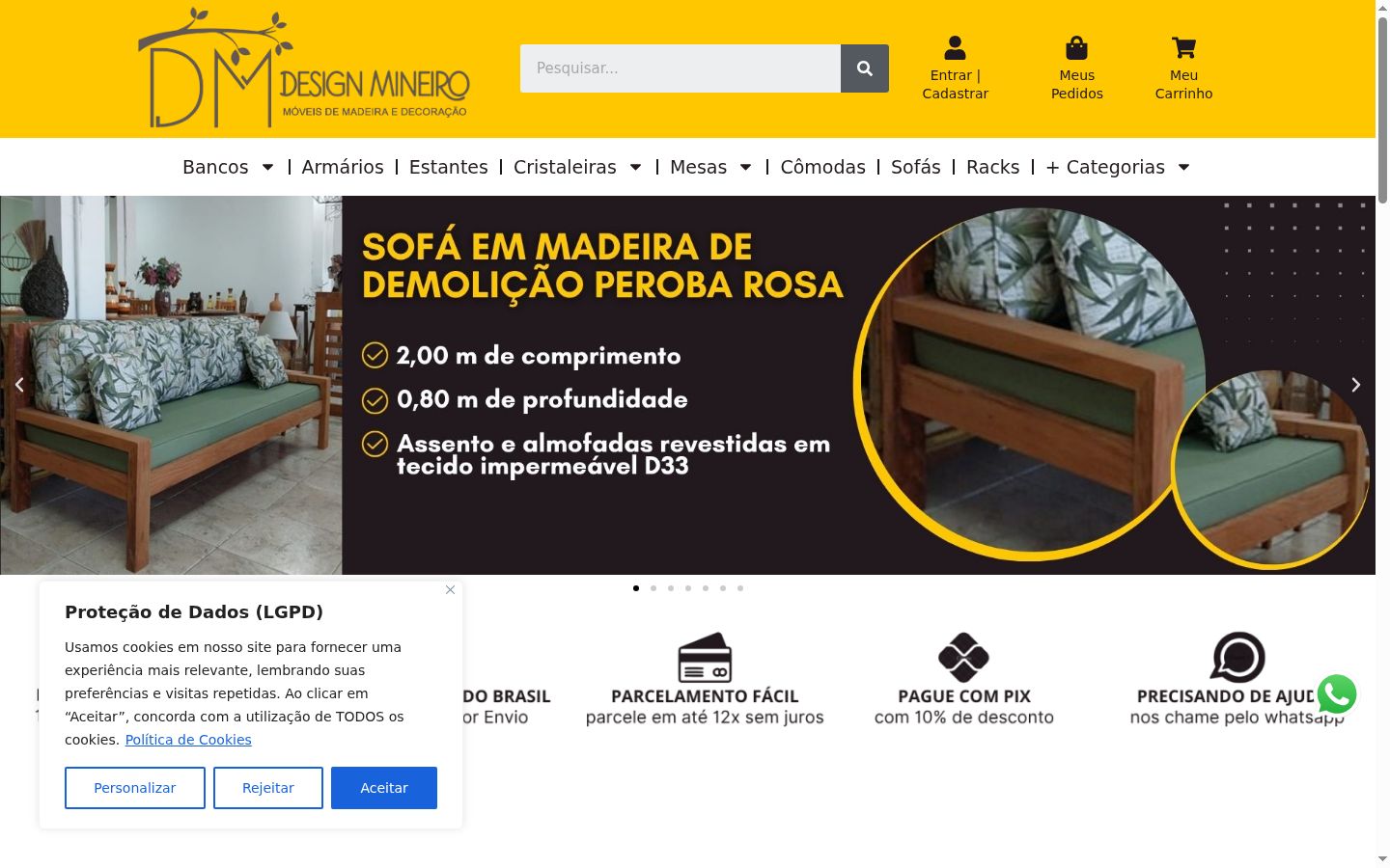 Captura de ecrã do banner de consentimento apresentado antes de qualquer interação