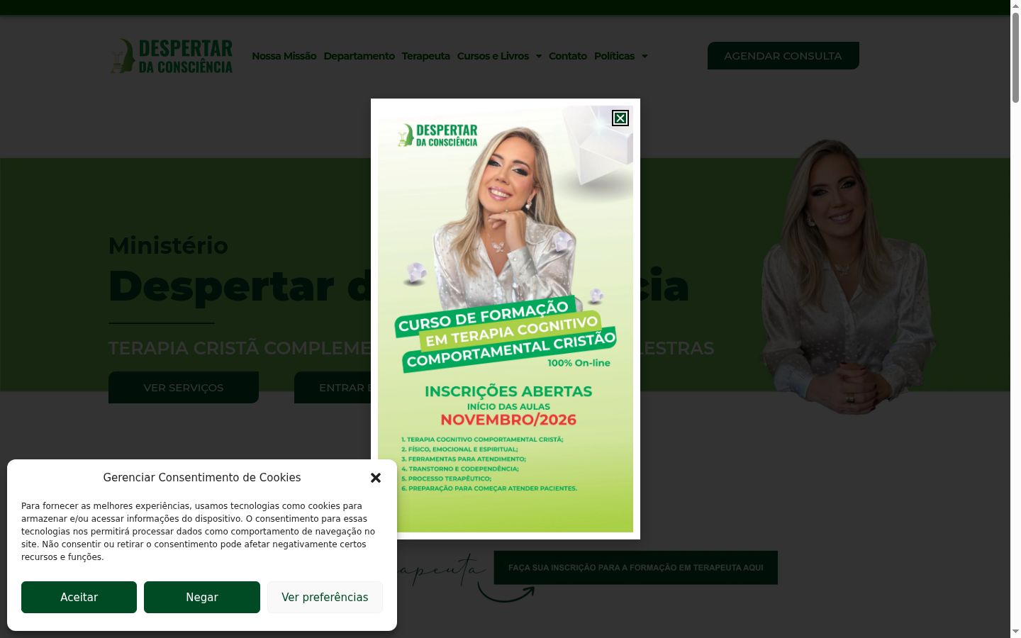 Captura de ecrã do banner de consentimento apresentado antes de qualquer interação
