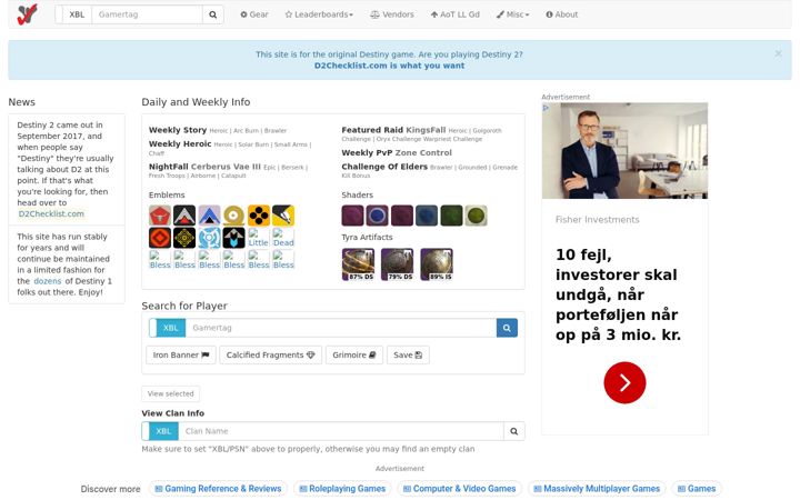 Screenshot of destinychecklist.net