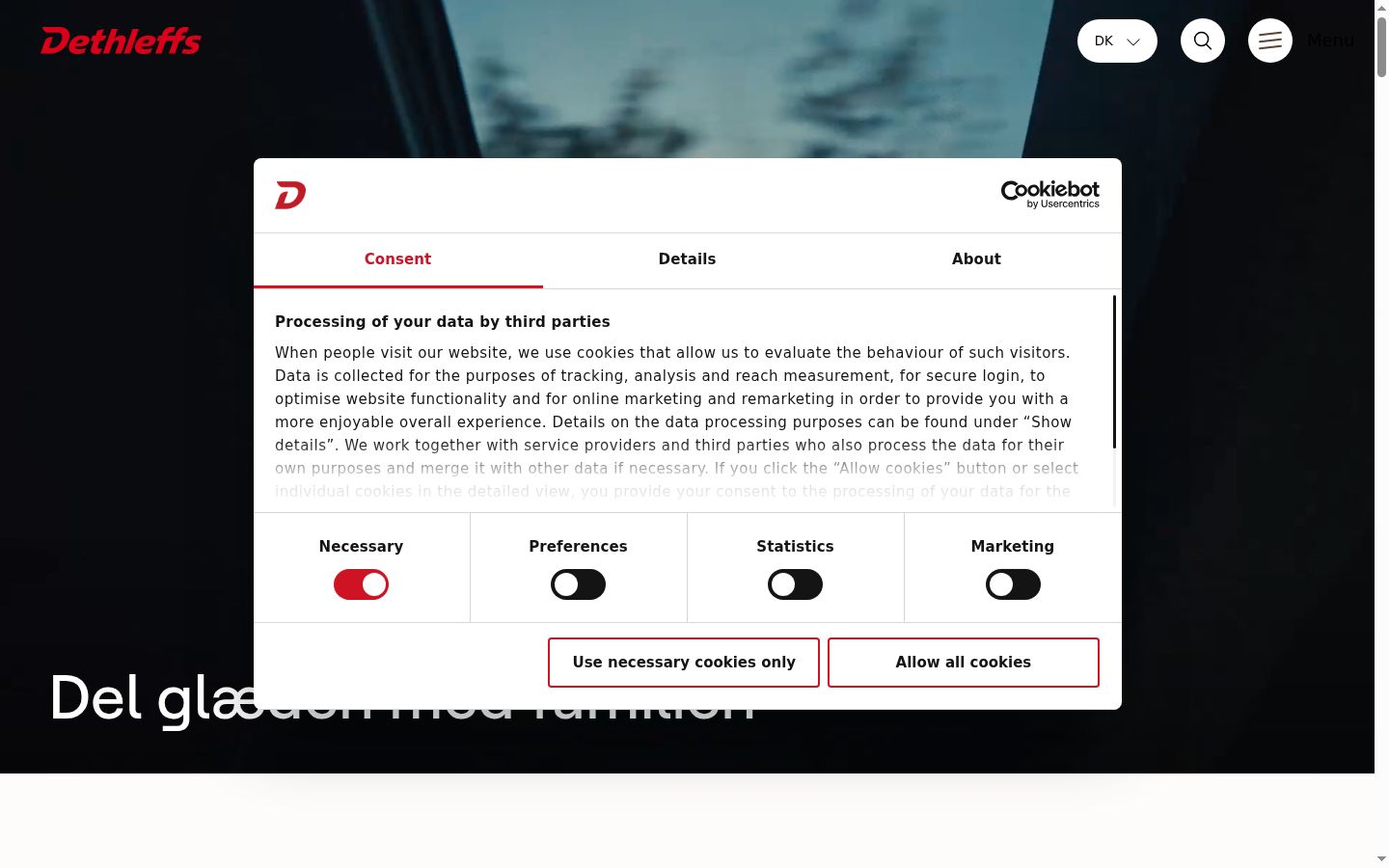 Captura de ecrã do banner de consentimento apresentado antes de qualquer interação
