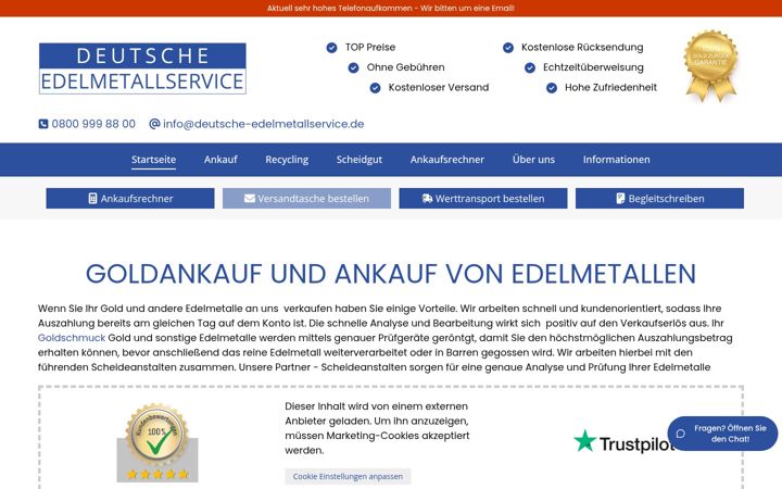 Ekraanipilt saidist deutsche-edelmetallservice.de