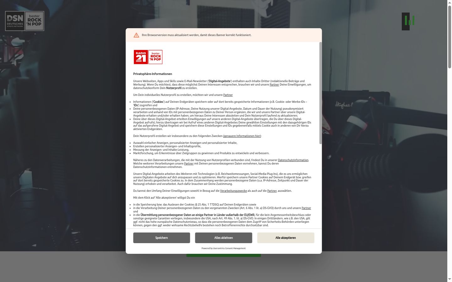 Zrzut ekranu banera zgody wyświetlanego przed jakąkolwiek interakcją