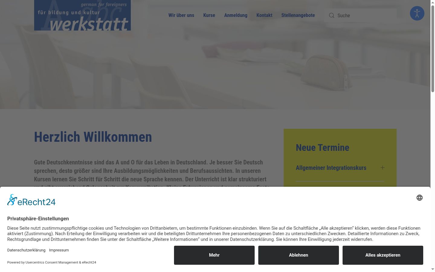Screenshot des Einwilligungsbanners vor jeglicher Interaktion