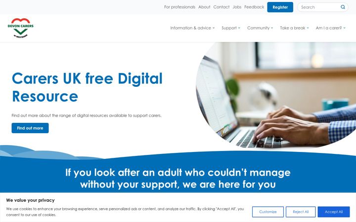 Snímek obrazovky devoncarers.org.uk