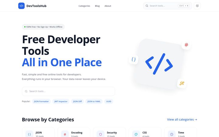 Skärmbild av devtoolshub.net