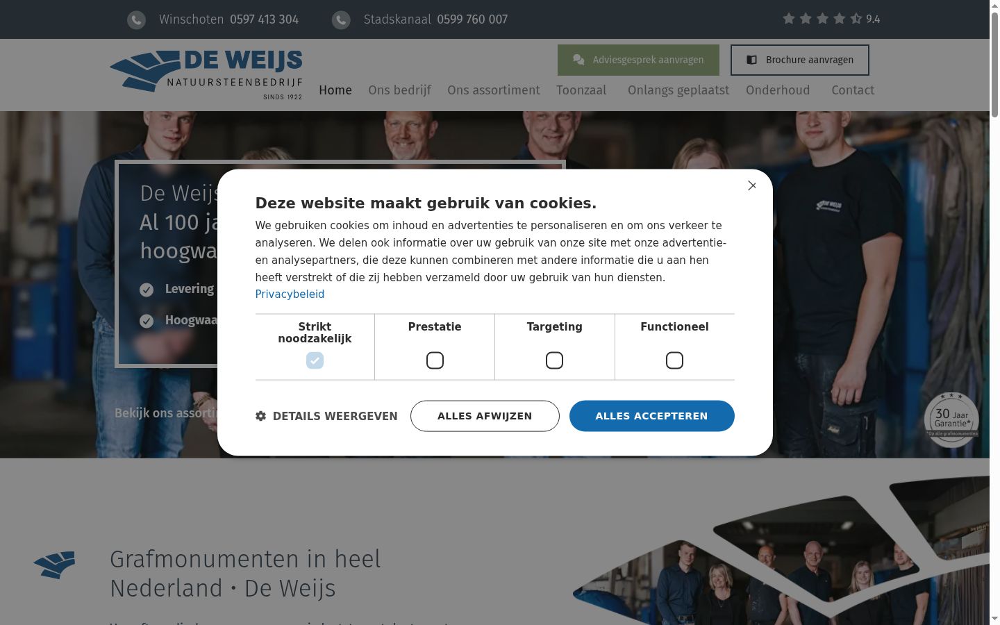 Screenshot van de toestemmingsbanner zoals getoond vóór enige interactie