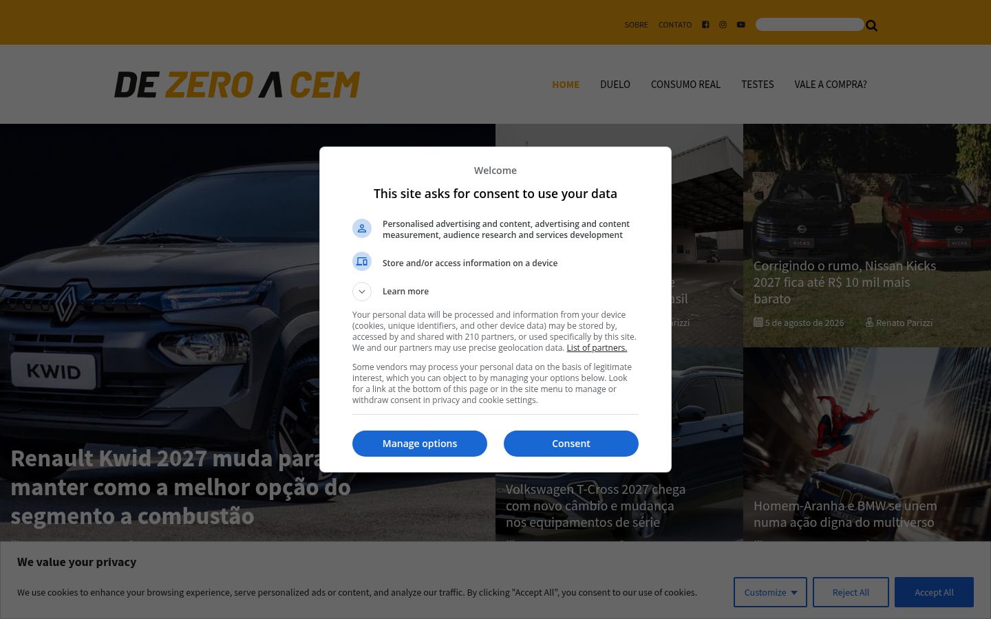 Captura de ecrã do banner de consentimento apresentado antes de qualquer interação