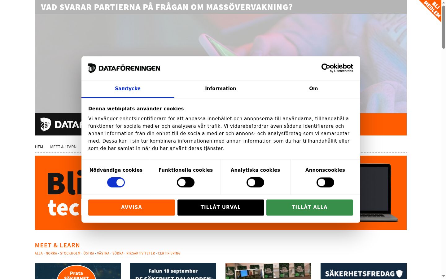 Skærmbillede af samtykkebanneret, som det blev vist før nogen interaktion