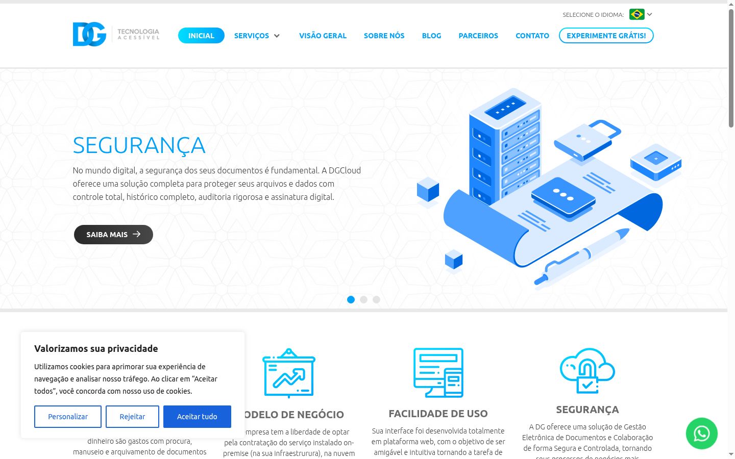 Captura de ecrã do banner de consentimento apresentado antes de qualquer interação
