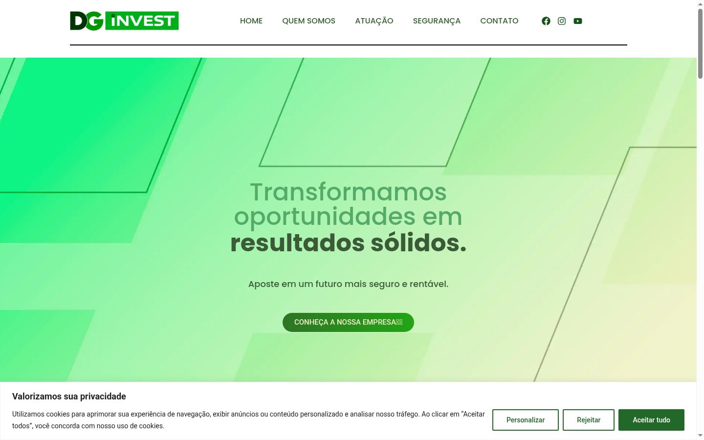 Captura de ecrã do banner de consentimento apresentado antes de qualquer interação