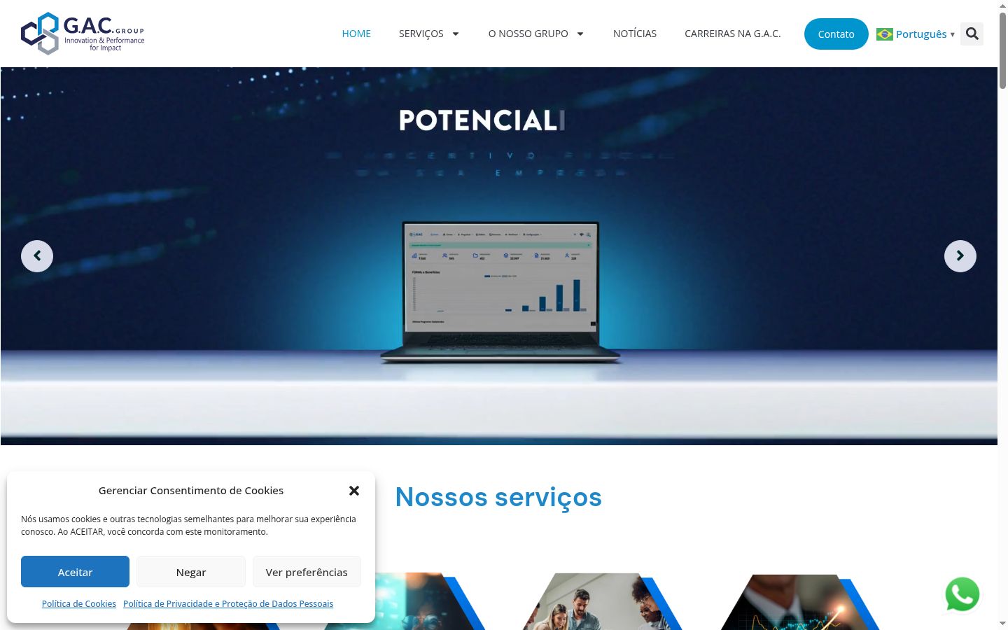 Captura de ecrã do banner de consentimento apresentado antes de qualquer interação
