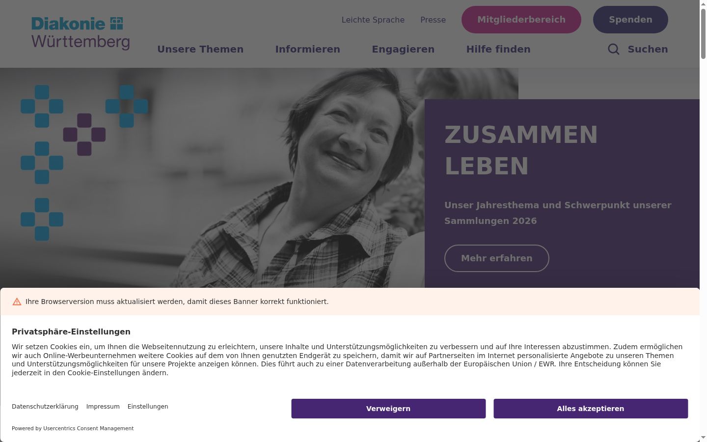 Screenshot des Einwilligungsbanners vor jeglicher Interaktion