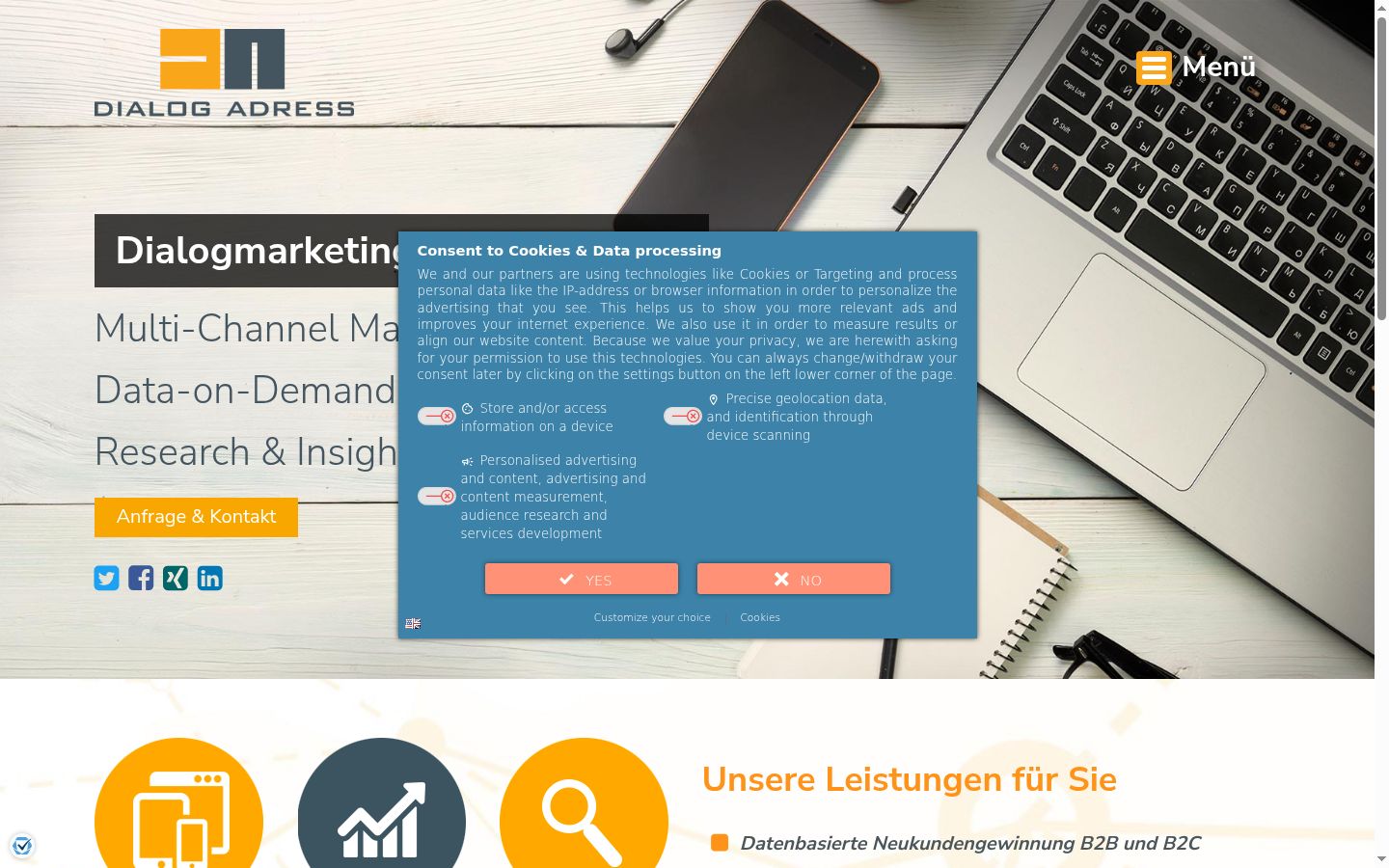 Screenshot des Einwilligungsbanners vor jeglicher Interaktion