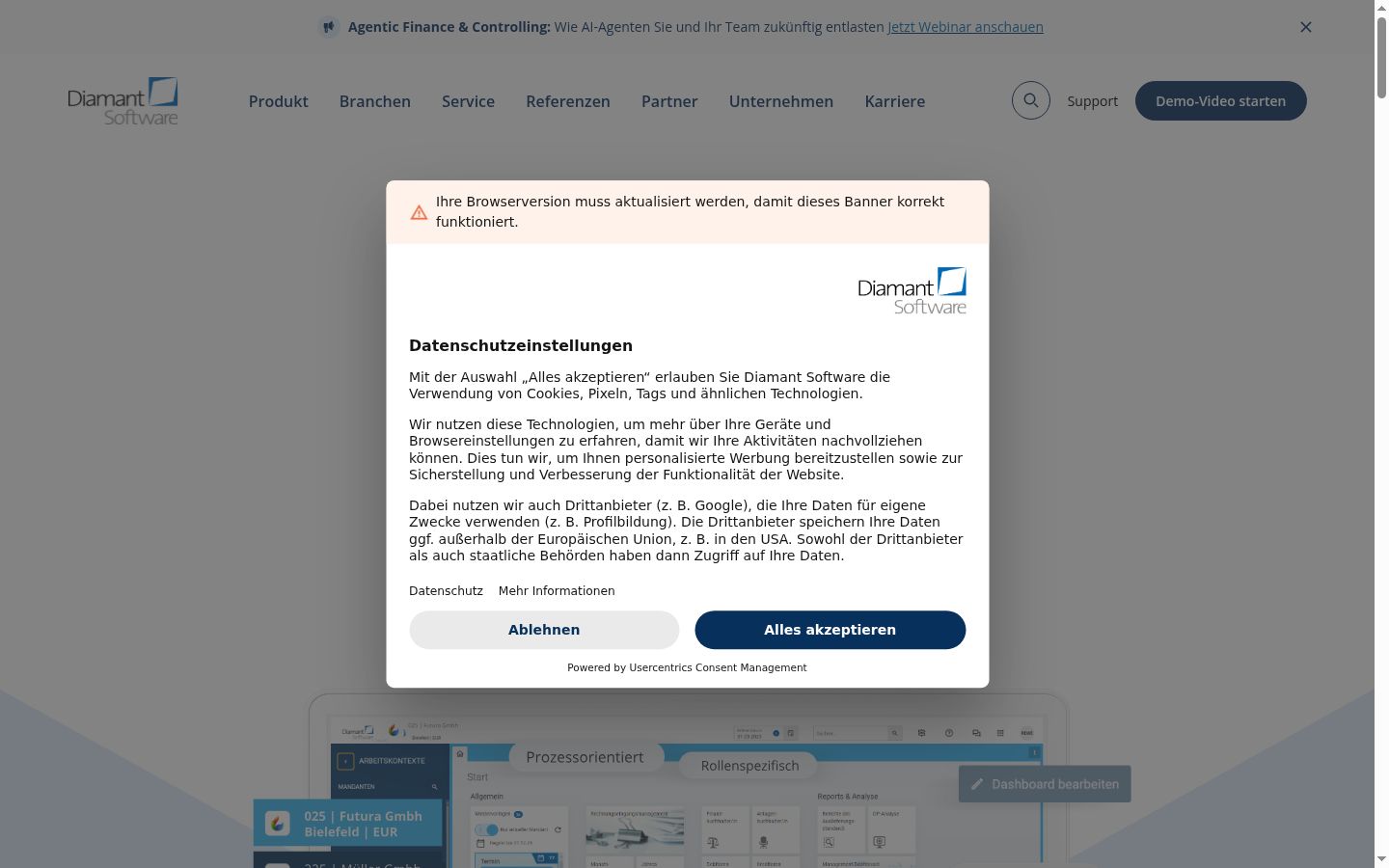 Snímek obrazovky baneru souhlasu zobrazeného před jakoukoli interakcí