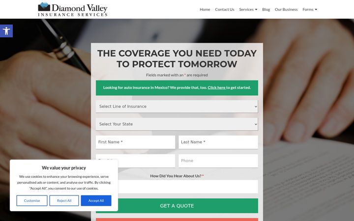 Screenshot of diamondvalleyins.com