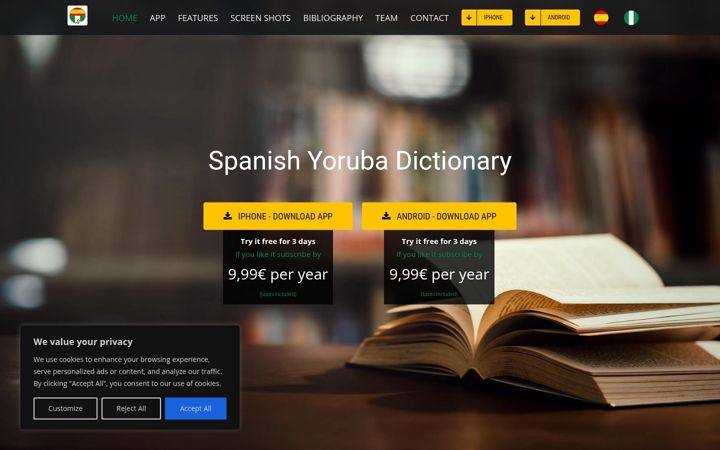 Screenshot van diccionarioespanolyoruba.es