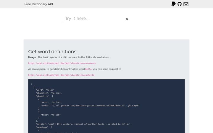 Screenshot of dictionaryapi.dev
