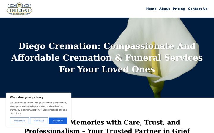 Screenshot of diegocremation.com