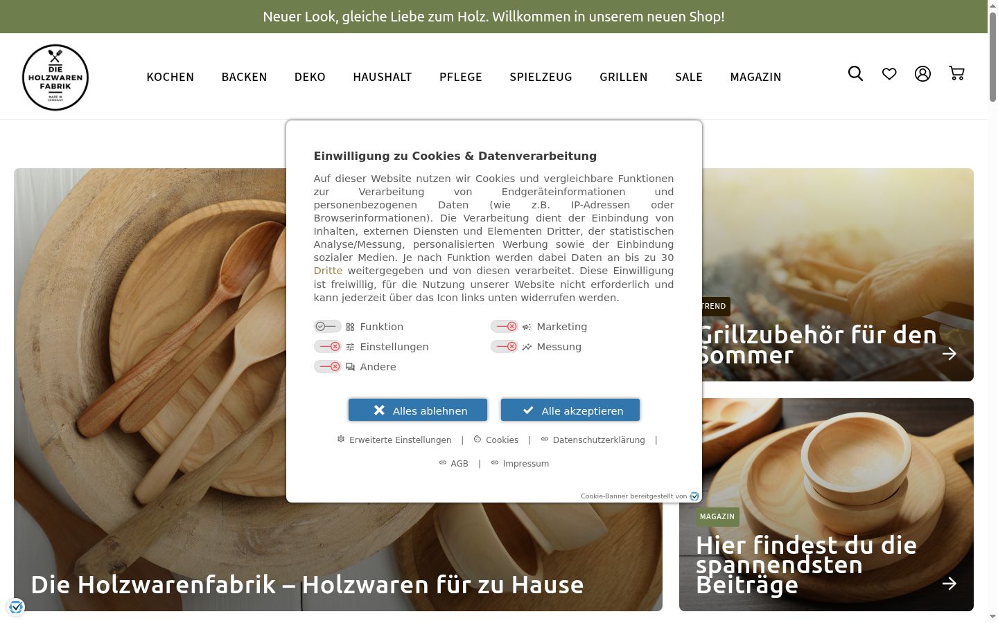 Screenshot des Einwilligungsbanners vor jeglicher Interaktion