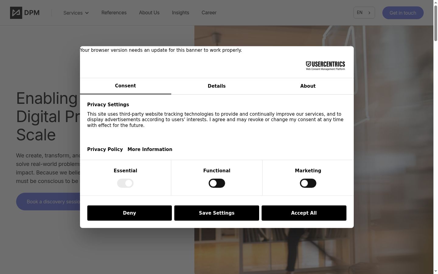 Screenshot del banner di consenso mostrato prima di qualsiasi interazione