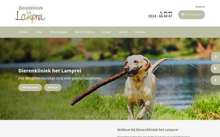 Screenshot ta' dierenkliniekhetlamprei.nl