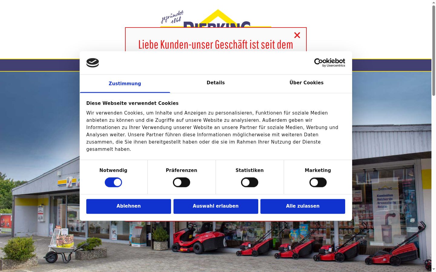 Ekrānuzņēmums ar piekrišanas baneri, kas tika rādīts pirms jebkādas mijiedarbības