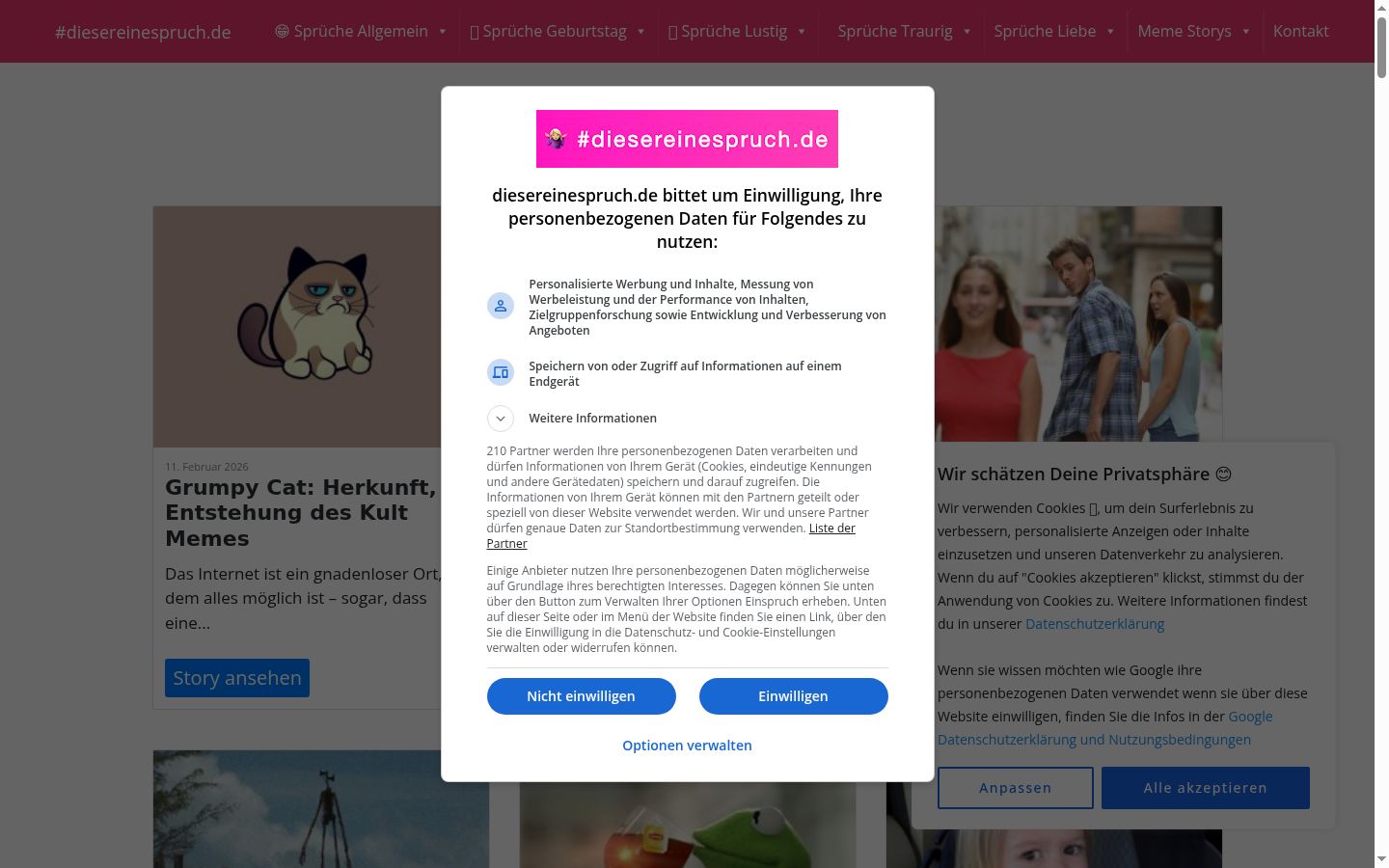 Screenshot des Einwilligungsbanners vor jeglicher Interaktion