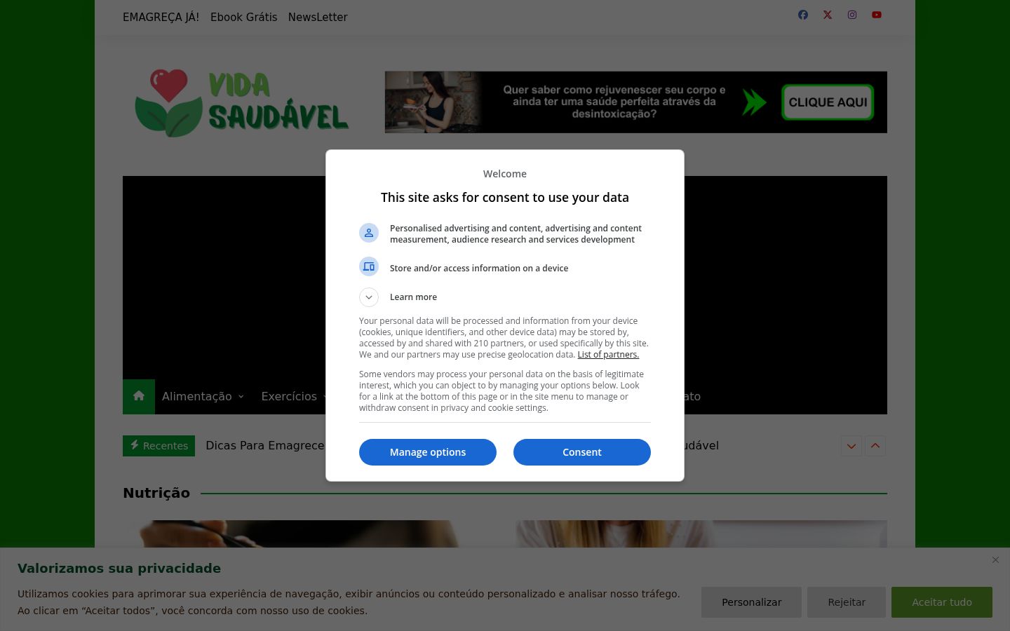 Képernyőkép a bármilyen interakció előtt megjelenő hozzájárulási bannerről