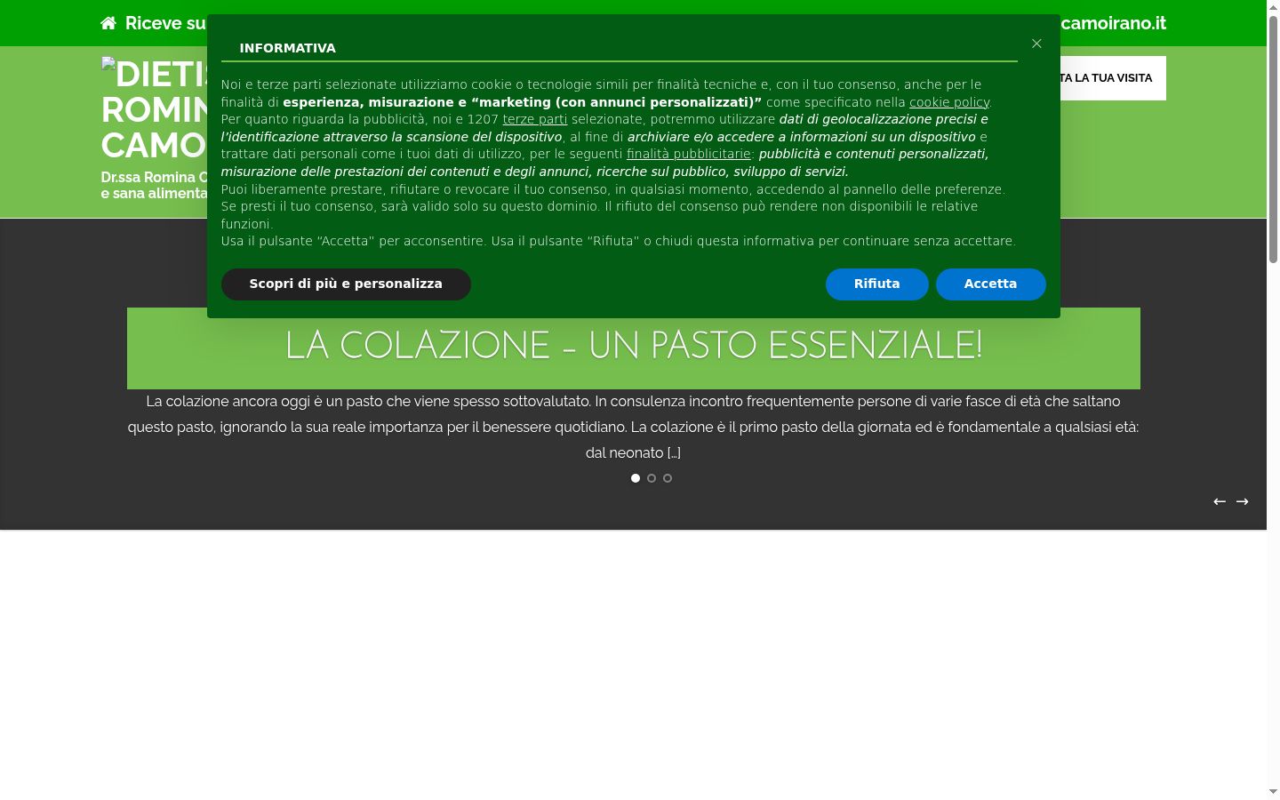 Screenshot del banner di consenso mostrato prima di qualsiasi interazione