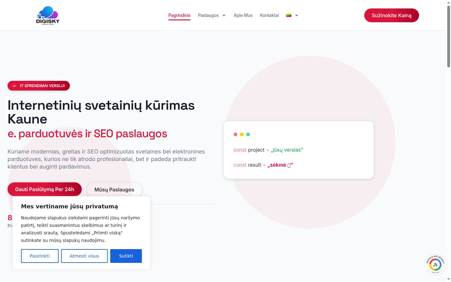 Sutikimo reklamjuostės, rodytos prieš bet kokią sąveiką, ekrano kopija