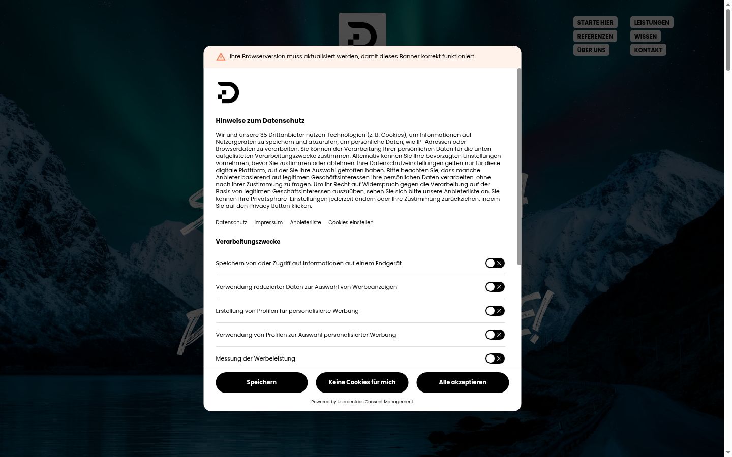 Screenshot del banner di consenso mostrato prima di qualsiasi interazione