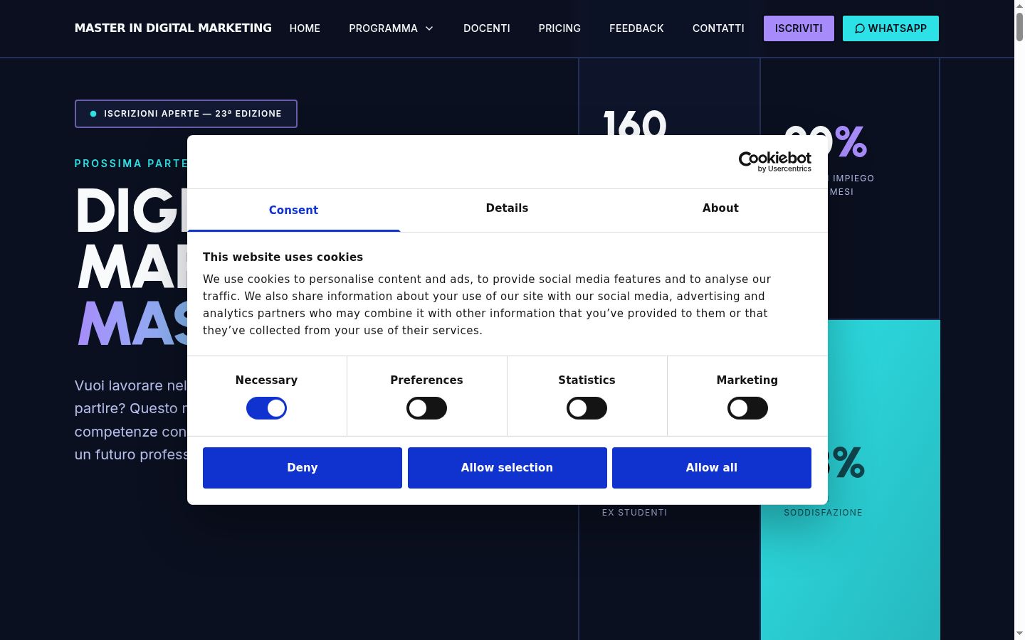 Screenshot del banner di consenso mostrato prima di qualsiasi interazione