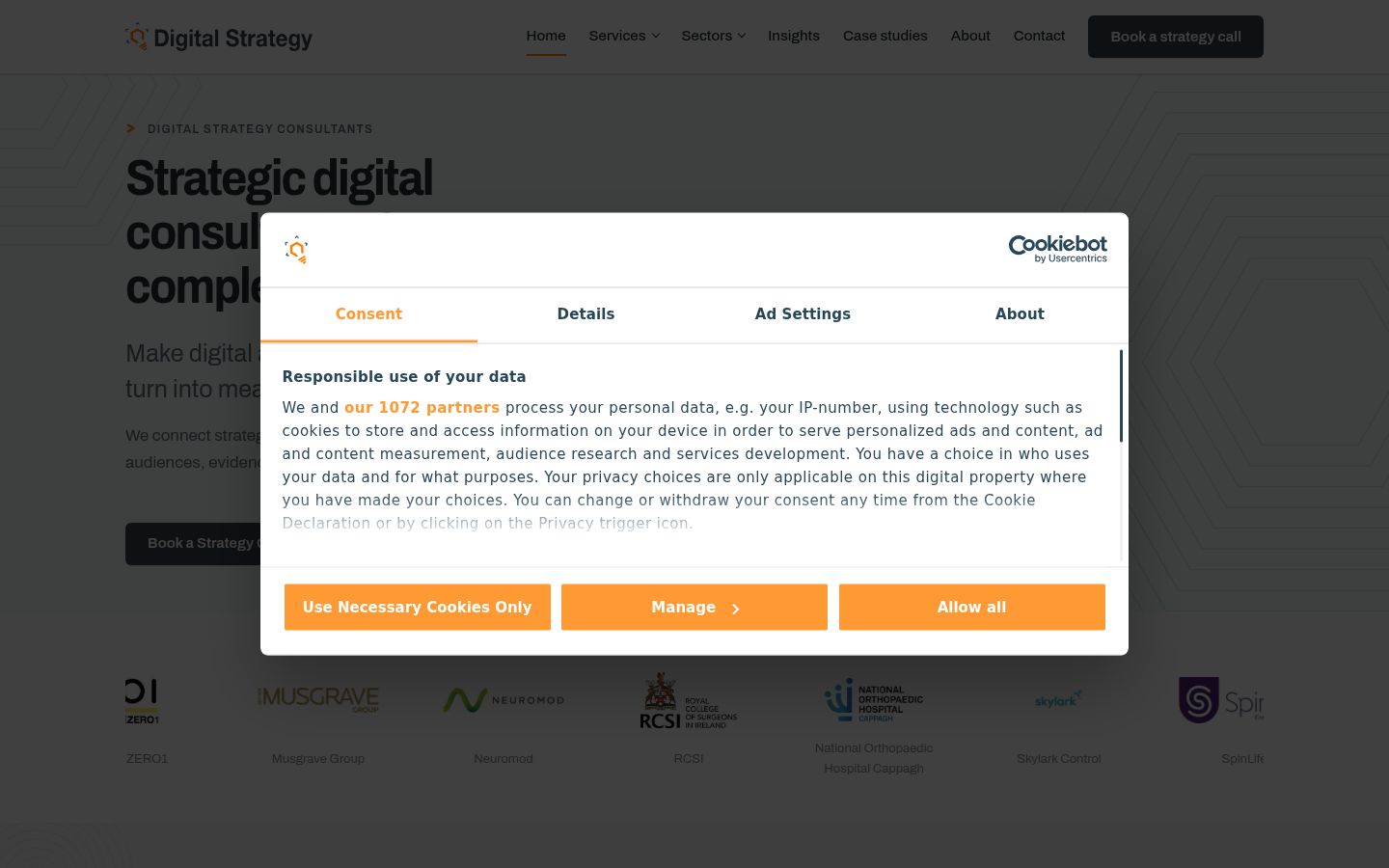 Screenshot del banner di consenso mostrato prima di qualsiasi interazione