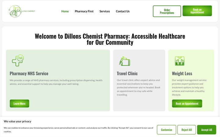 Skärmbild av dillonschemist.co.uk